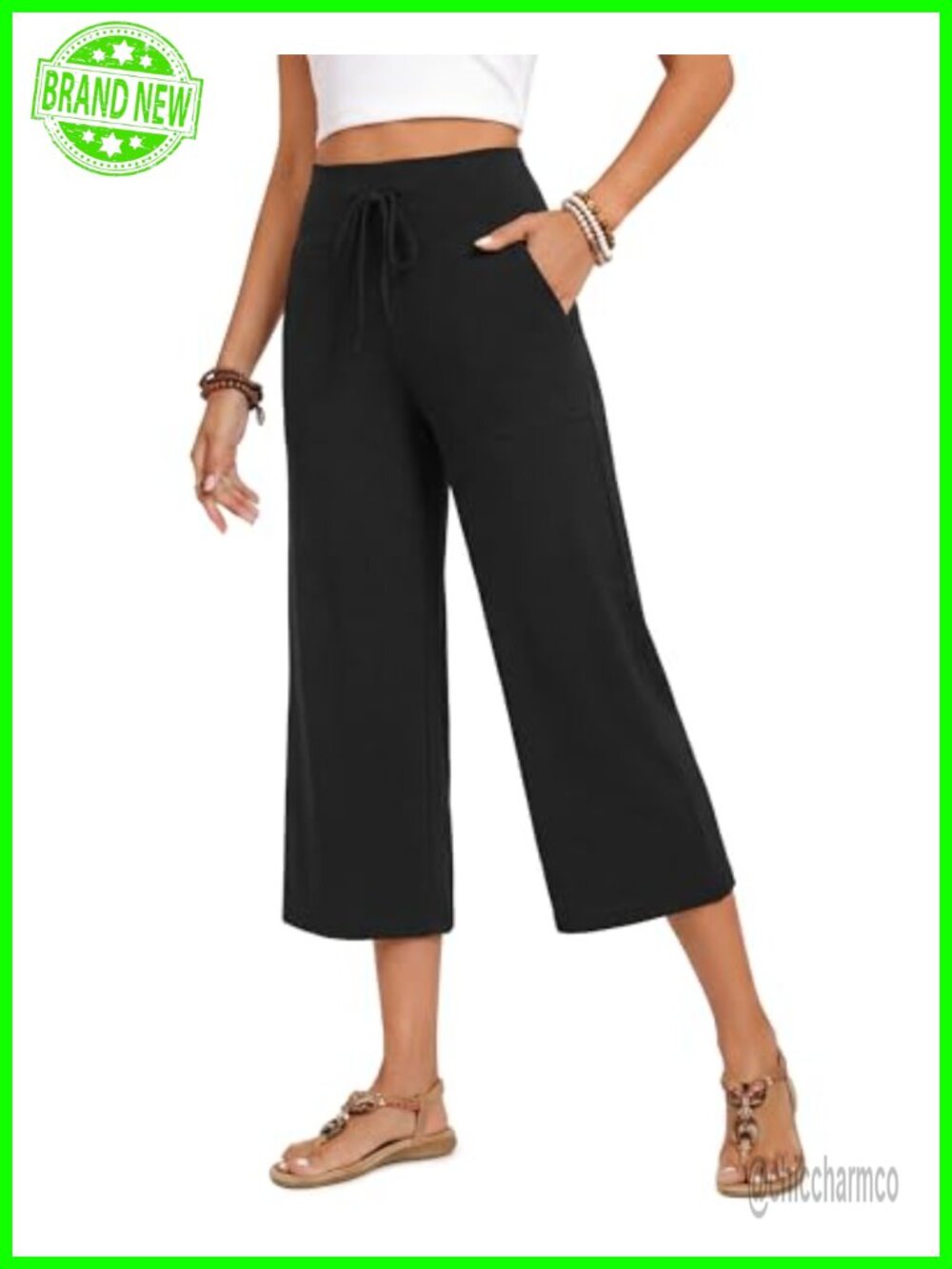 Wide Leg Capri Pants High Waisted Drawstring Pockets Casual Summer Trousers